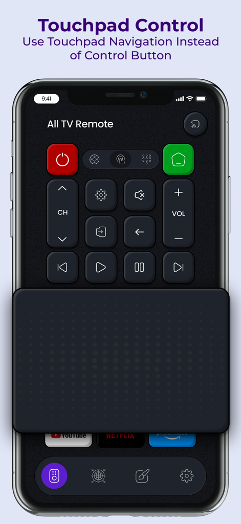 All TV Remote Control APP - Smartphone-Bildschirm zeigt eine universelle TV-Fernbedienungs-App-Oberfläche mit einem großen digitalen Touchpad zur Menünavigation