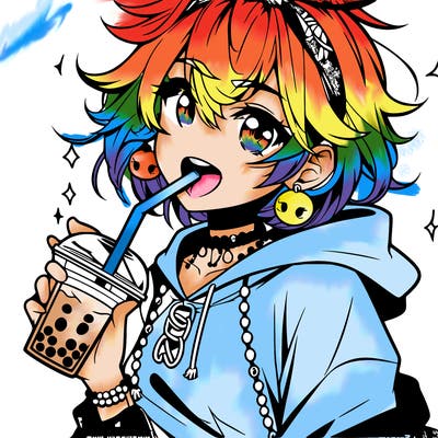 hot baddie anime girl drinking boba and biting the straw
