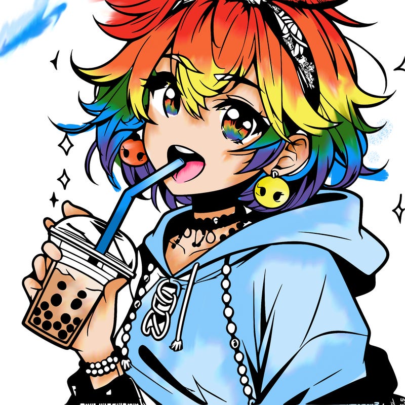 hot baddie anime girl drinking boba and biting the straw