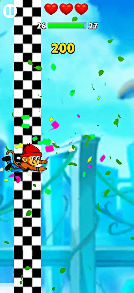 Monkey Hook - No Wifi Game - Personaje mono con gorro rojo deslizándose junto a un pilar a cuadros en Monkey Hook