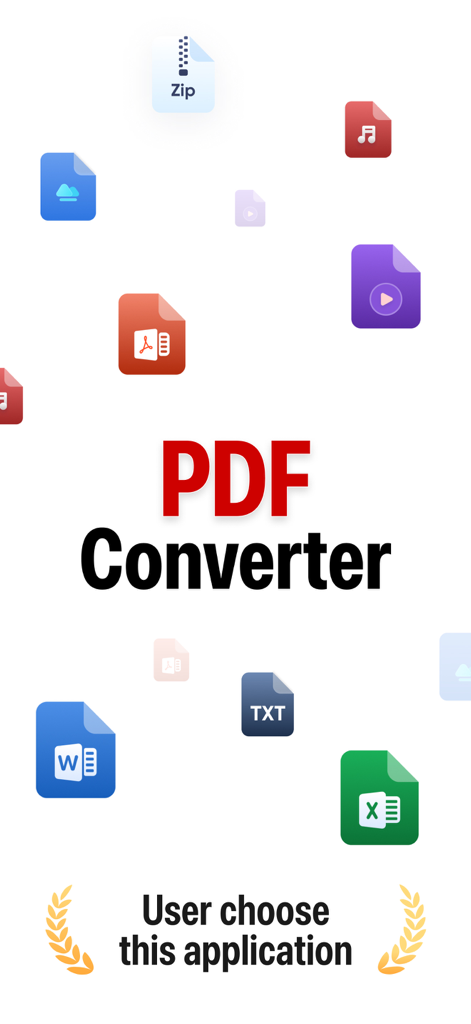 PDF Converter: Convert・Scanner - Splash screen of the PDF Converter app featuring the title and floating icons for various file formats including Word Excel and Zip