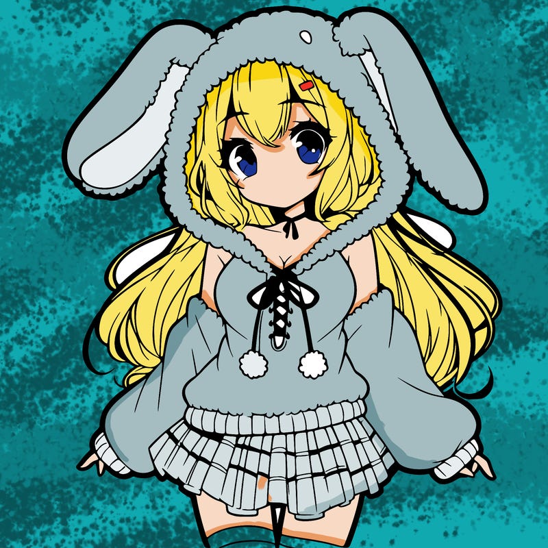 pretty anime girl wearing a fluffy hoodie with bunny ears on the hood and a skirt