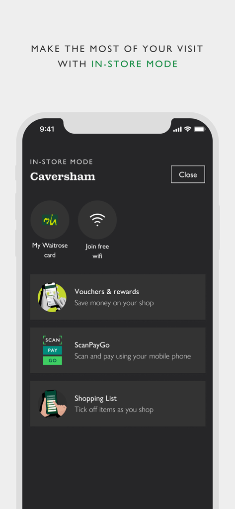 Waitrose & Partners - Waitrose app interface showing in-store mode features like ScanPayGo, vouchers, and digital loyalty card.