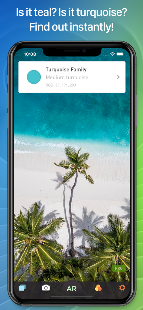 Interface de l'application Color Name AR Pro identifiant une couleur turquoise à partir d'une photo grâce à la réalité augmentée