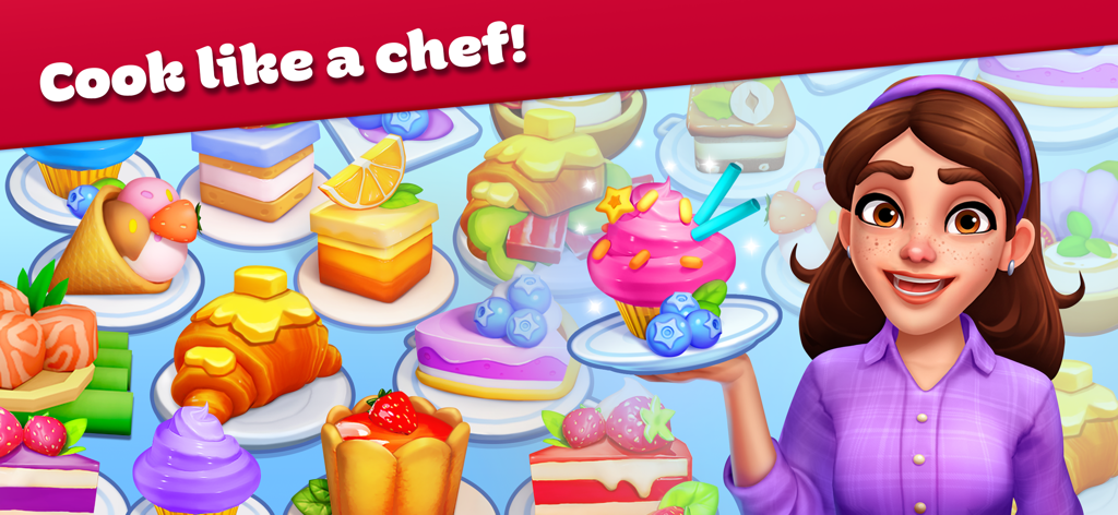 Cooking Stories: Fun cafe game - A smiling chef character holding a cupcake surrounded by colorful pastries in Cooking Stories game