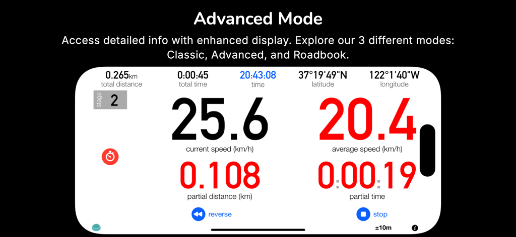 3pRally - TSD Rally - Interface of 3pRally app in Advanced Mode showing real-time speed, distance, and timing for TSD rally navigation.