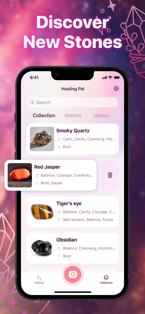 Healing Pal app interface showing a digital collection of identified crystals with their healing properties