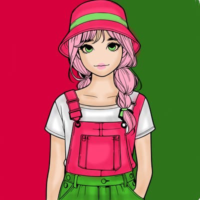realistic girl with overalls and a bucket hat