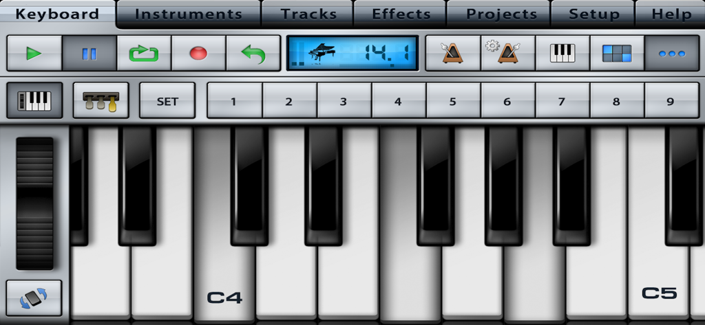 Music Studio Lite - Interfaz de teclado de piano fotorrealista con controles de estudio en Music Studio Lite