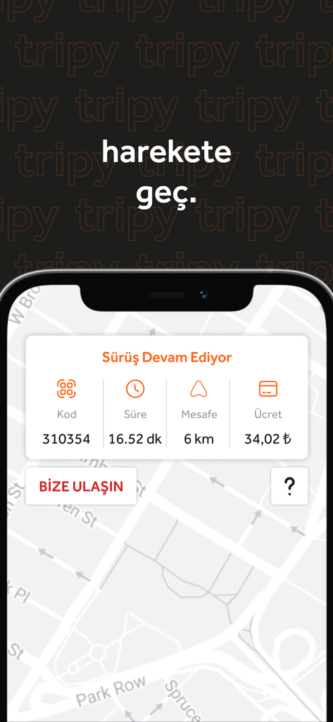 Interfaz de la aplicación móvil Tripy que muestra un viaje activo con seguimiento de tiempo y distancia en un mapa de la ciudad