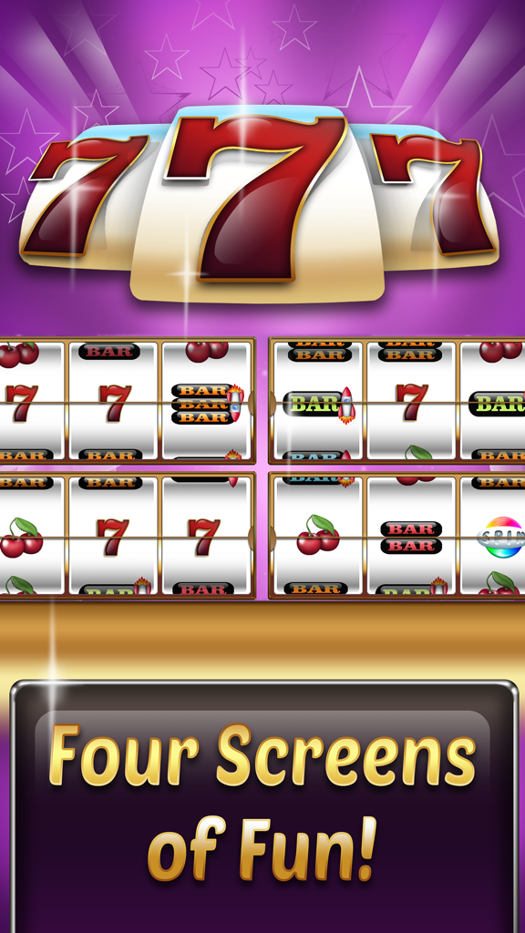 Slots▴ - Interfaz de juego de tragaperras móvil con cuatro pantallas y símbolos de sietes de la suerte