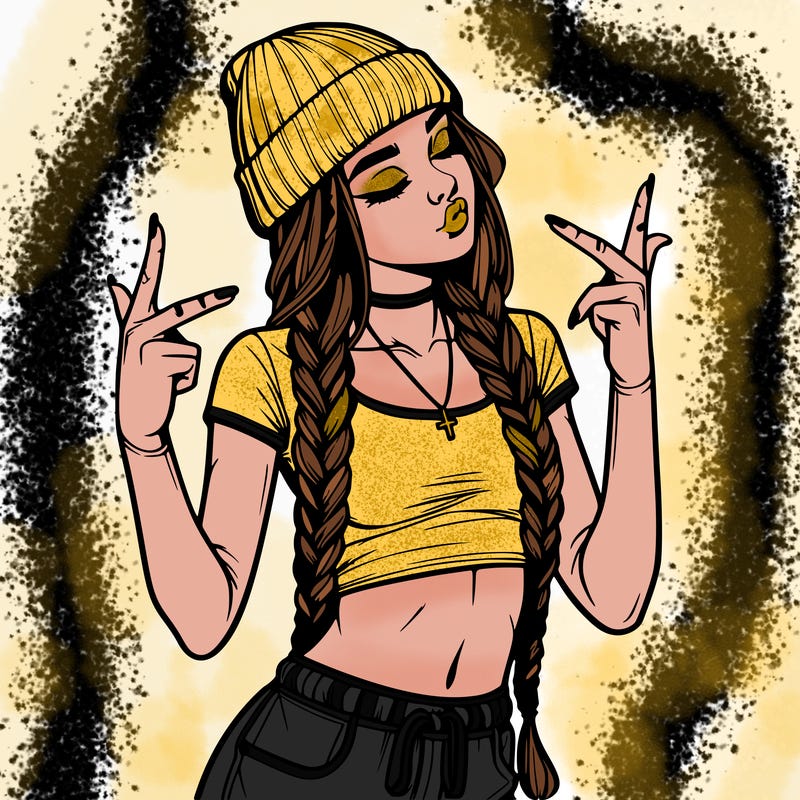 realistic teenage girl with braids and a beanie and crop top doing 🫶🏼