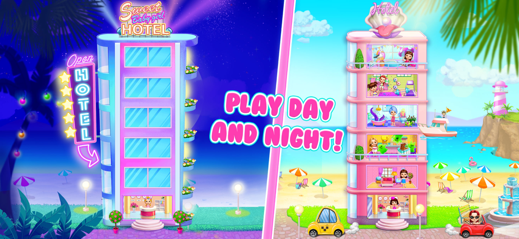 Sweet Baby Girl Hotel Cleanup - El juego Sweet Baby Girl Hotel Cleanup muestra el edificio del hotel durante el día y la noche