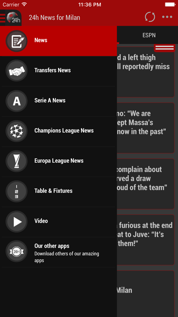 Milan 24h - Side navigation menu of the Milan 24h app showing news categories like Transfers and Serie A
