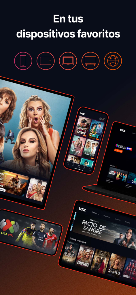 ViX: TV, Sports and News - ViXストリーミングアプリがスマートフォン、タブレット、ラップトップ、テレビ画面に表示されている