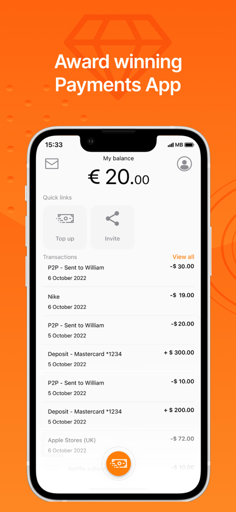 MuchBetter - Interfaz de la aplicación móvil MuchBetter que muestra el saldo de la cuenta y el historial de transacciones recientes