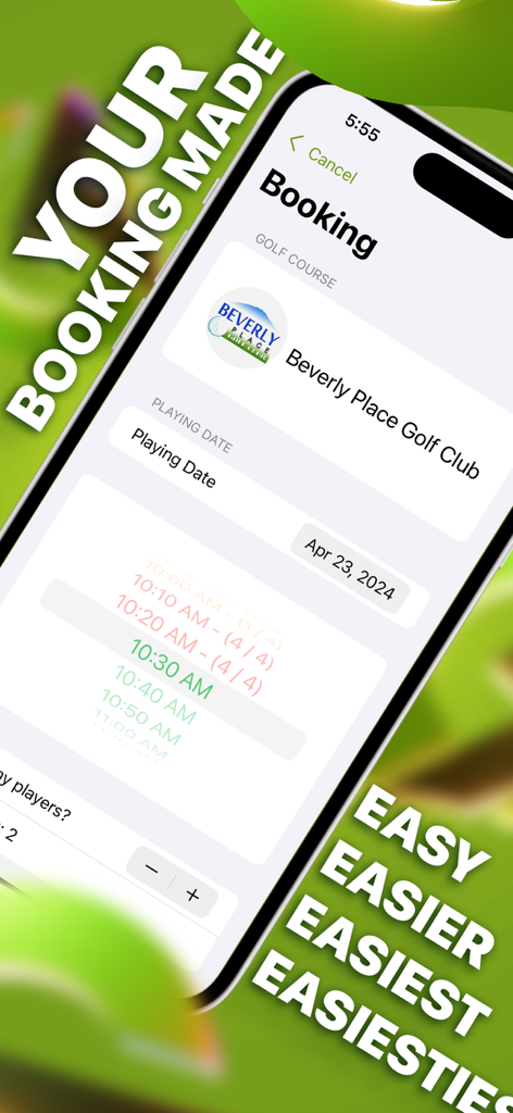 GolfTime - Golf Booking App - Interface of the GolfTime app showing a tee-time booking screen for Beverly Place Golf Club on an iPhone