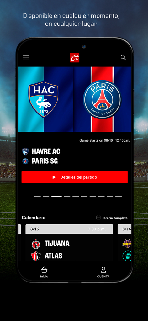 Caliente TV mobile app interface showing soccer match details for Havre AC vs Paris SG and a schedule for Liga MX games