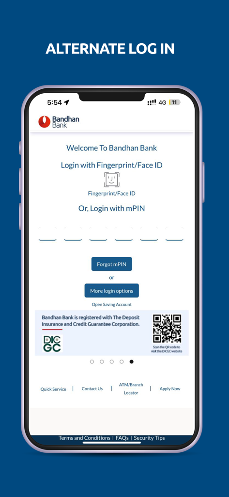 mBandhan - mBandhan mobile banking app login screen with biometric and mPIN security options
