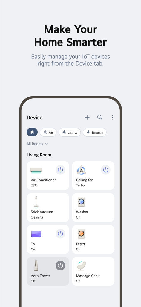 LG ThinQ 앱 대시보드로 에어컨, 세탁기, TV와 같은 다양한 연결 스마트 홈 장치를 보여줍니다.