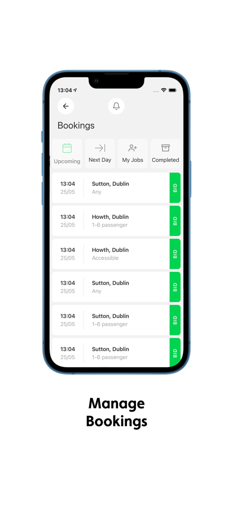 iCabbi Driver App - A screenshot of the iCabbi Driver App showing the bookings management screen with a list of available jobs to bid on