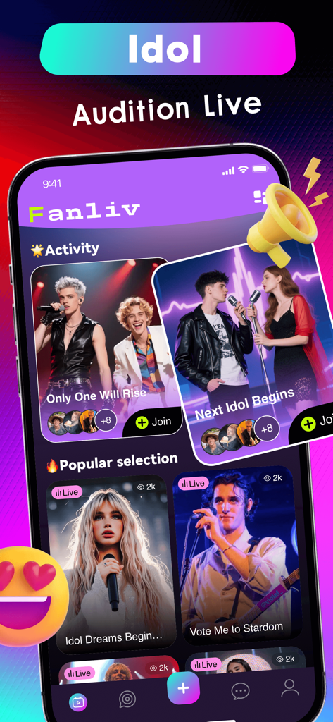 Fanliv: Girl Chat，Fun Show - Interfaz de la aplicación Fanliv que muestra transmisiones en vivo de audiciones de ídolos y selecciones de talento popular