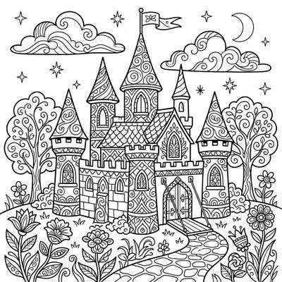 Step into a world of fantasy with this stunning fairy tale castle coloring page, meticulously designed for adult enthusiasts. Its elaborate details and whimsical elements promise hours of relaxing and creative enjoyment.