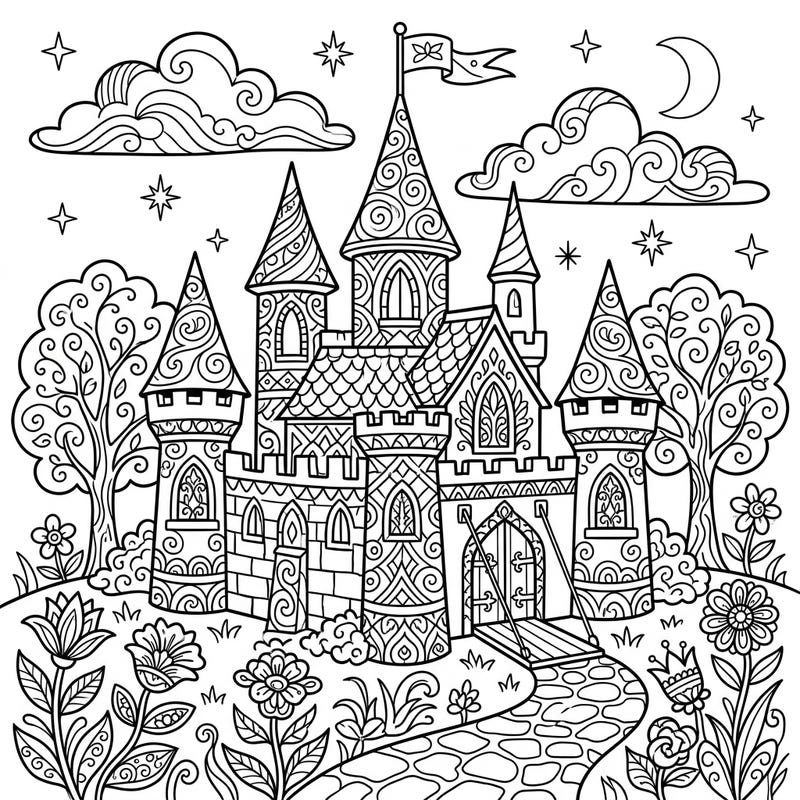 Step into a world of fantasy with this stunning fairy tale castle coloring page, meticulously designed for adult enthusiasts. Its elaborate details and whimsical elements promise hours of relaxing and creative enjoyment.
