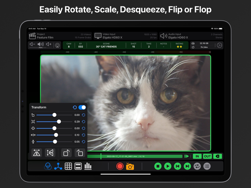 Interfaz de la aplicación de monitorización de video profesional en iPad mostrando controles de transformación y escalado de imagen