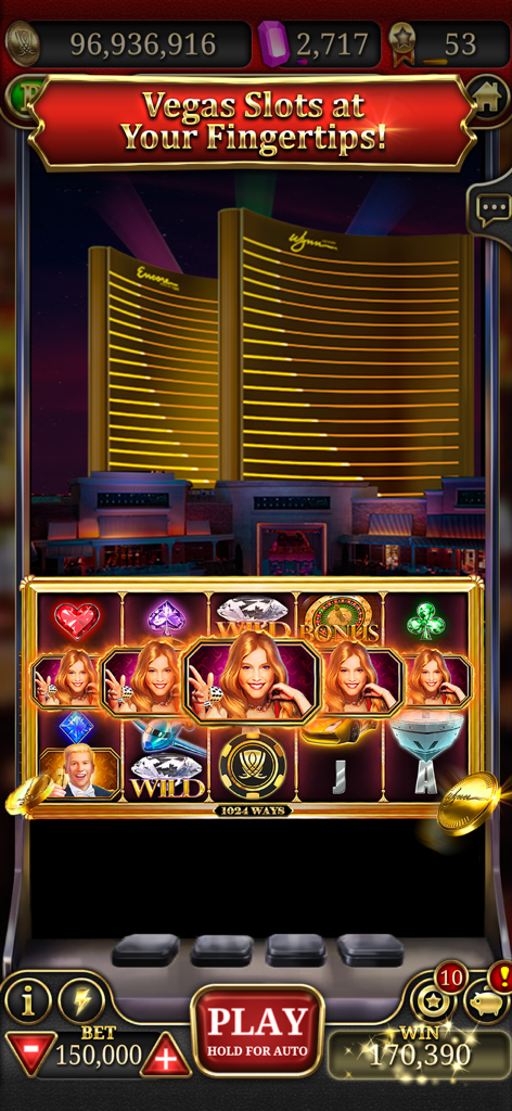 Wynn Slots - Las Vegas Casino - Mobile screen of Wynn Slots showing a luxury themed slot machine with the Wynn Las Vegas hotel in the background