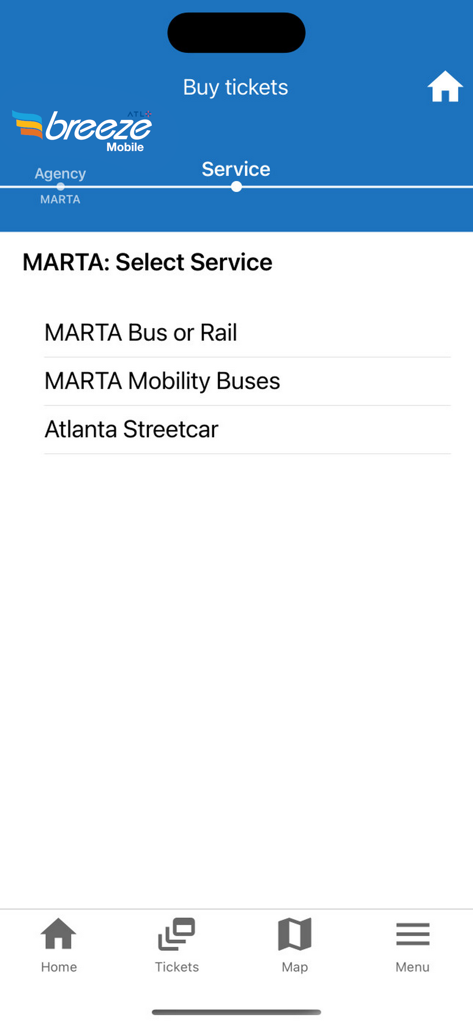Interface do aplicativo Breeze Mobile 2 mostrando opções de seleção de serviço para trem de ônibus MARTA e o VLT de Atlanta