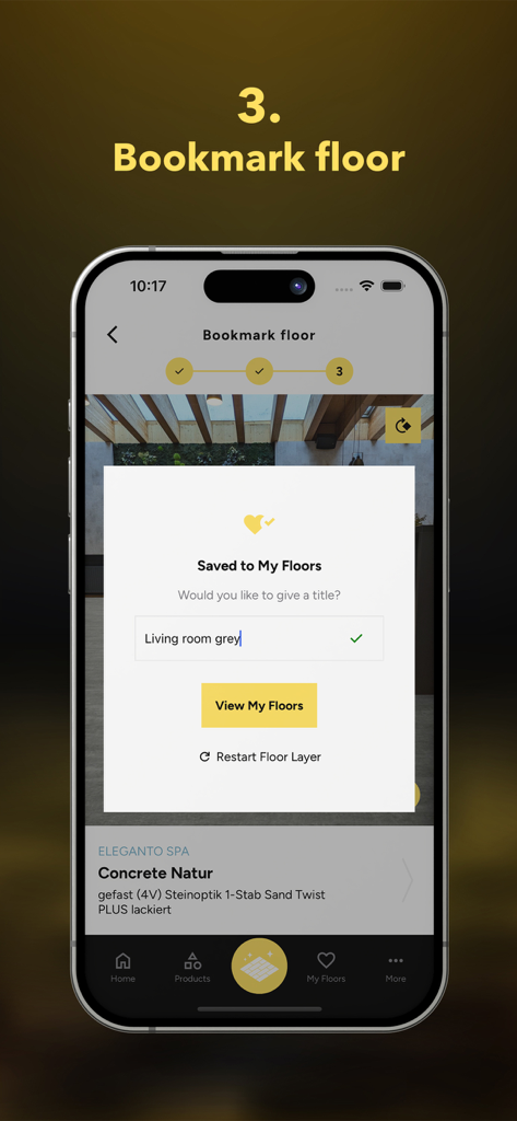 tilo フローリングレイヤーアプリのスクリーンショット。リビングルーム グレーという名前の保存された床材デザイン
