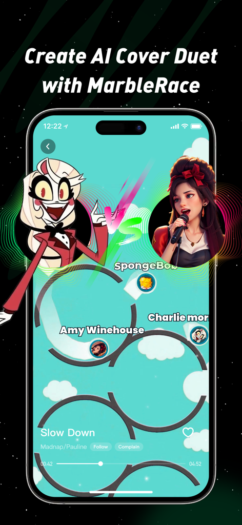 Pantalla de la aplicación Deeptone que muestra un dúo de portada de IA estilo MarbleRace entre un personaje de dibujos animados y Amy Winehouse