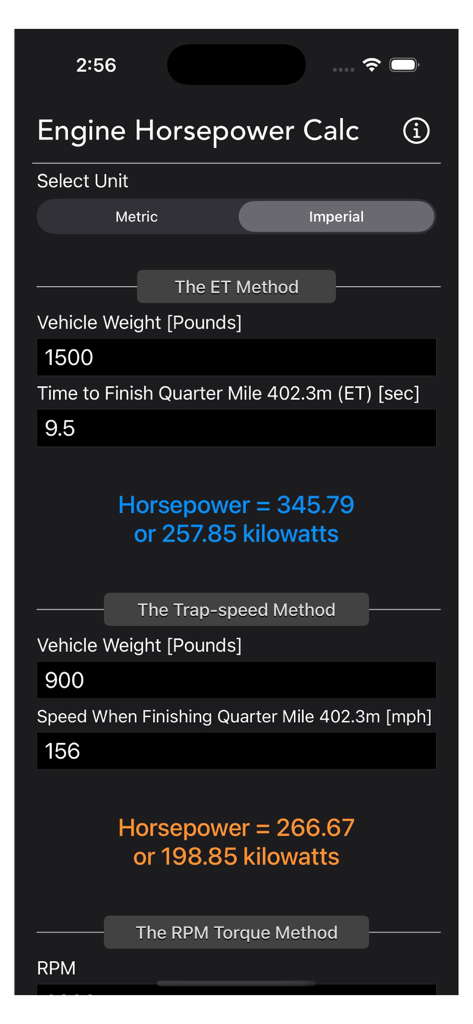 Interface of the Engine Horsepower Calculator app showing ET and Trap speed calculation methods for drag racing performance.