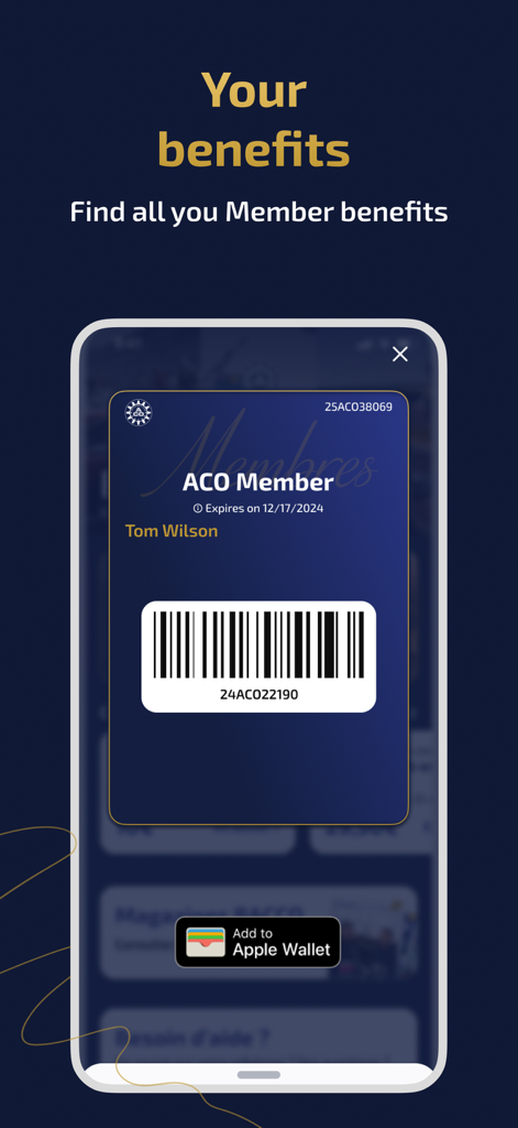 Um cartão de membro digital ACO com um código de barras e um botão Adicionar ao Apple Wallet em uma tela de celular.