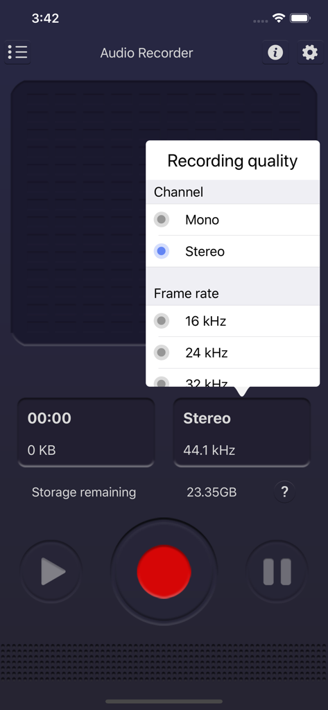 Voice recorder: Audio editor - Voice recorder app recording quality settings menu for mono stereo and frame rate