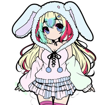 pretty anime girl wearing a fluffy hoodie with bunny ears on the hood and a skirt