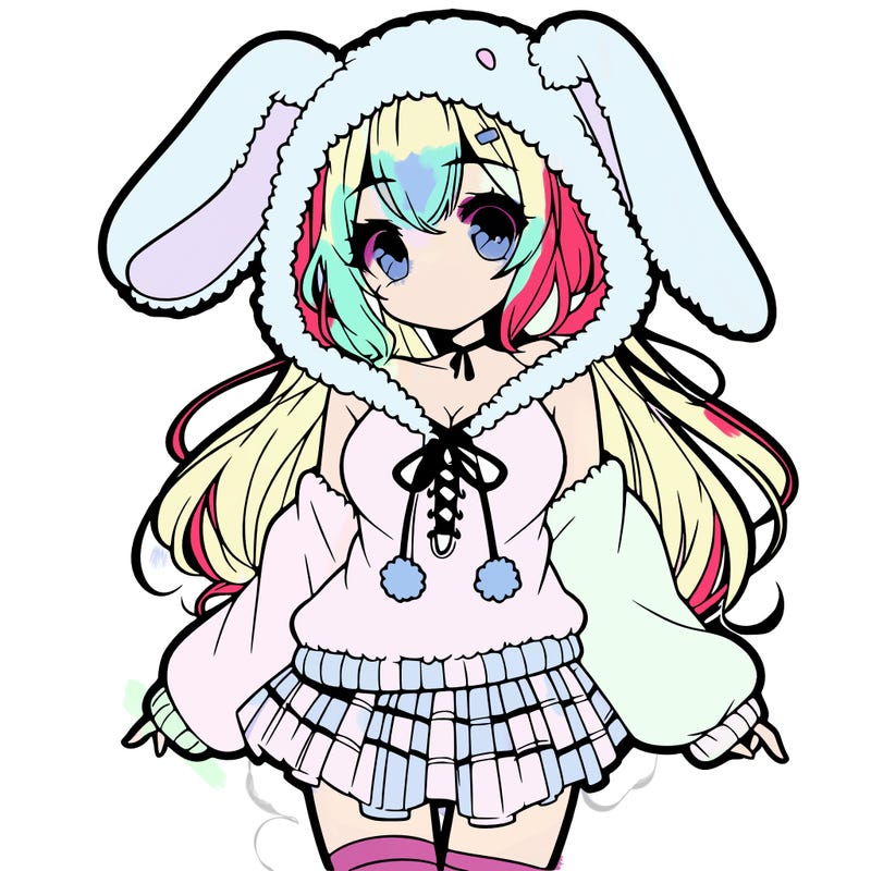 pretty anime girl wearing a fluffy hoodie with bunny ears on the hood and a skirt