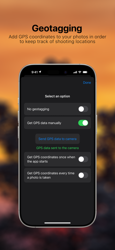 Remote Lens - Screenshot of the Remote Lens app showing GPS geotagging settings for Canon cameras