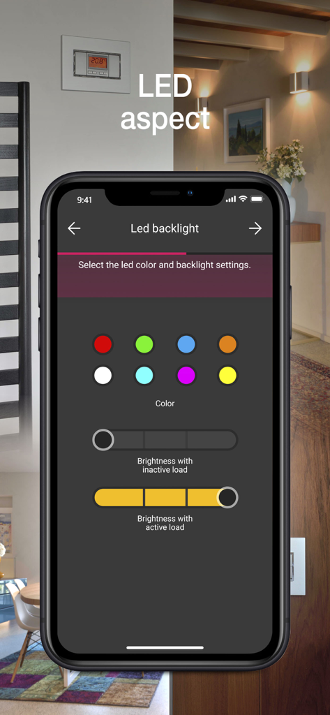 Interfaccia dell'app Vimar VIEW Wireless che mostra la selezione del colore della retroilluminazione LED e le impostazioni di luminosità per gli installatori di smart home.