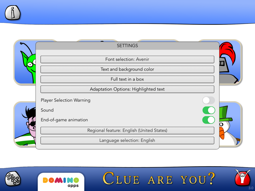 Settings menu of the Clue are you educational app showing customization options for font, language, and accessibility.