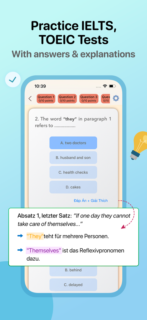 English Well: Learn 4 Skills - IELTSとTOEICの練習問題とバイリンガル文法説明が表示されているモバイル画面。