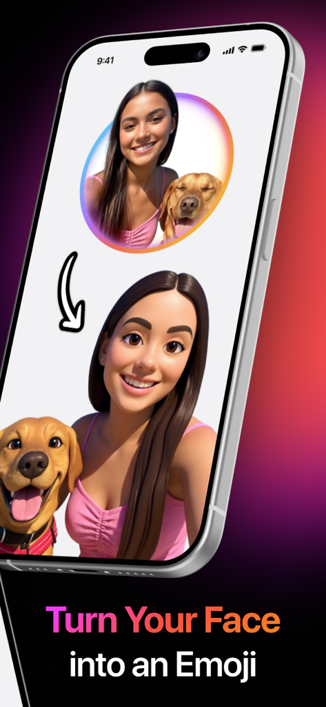 Interfaz de smartphone que muestra una foto de una chica y su perro convirtiéndose en un emoji IA personalizado.