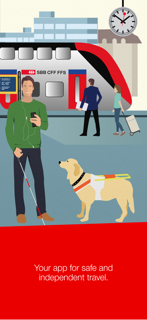 SBB Inclusive - Visually impaired man with a guide dog using the SBB Inclusive app at a Swiss train station for independent travel
