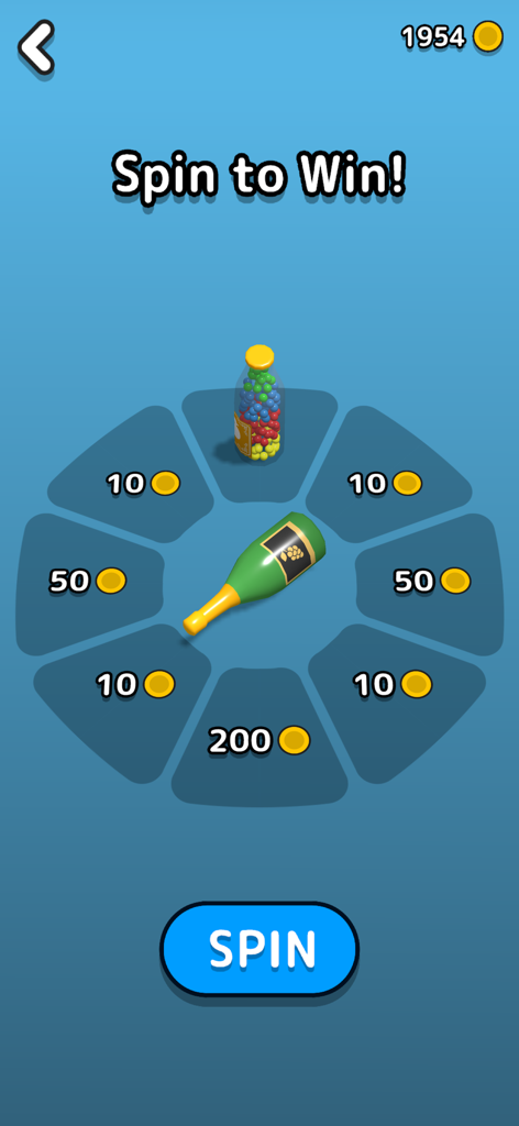 Rolling Down Bottles - Spin to win prize wheel screen with coin rewards and new bottle skins in Rolling Down Bottles