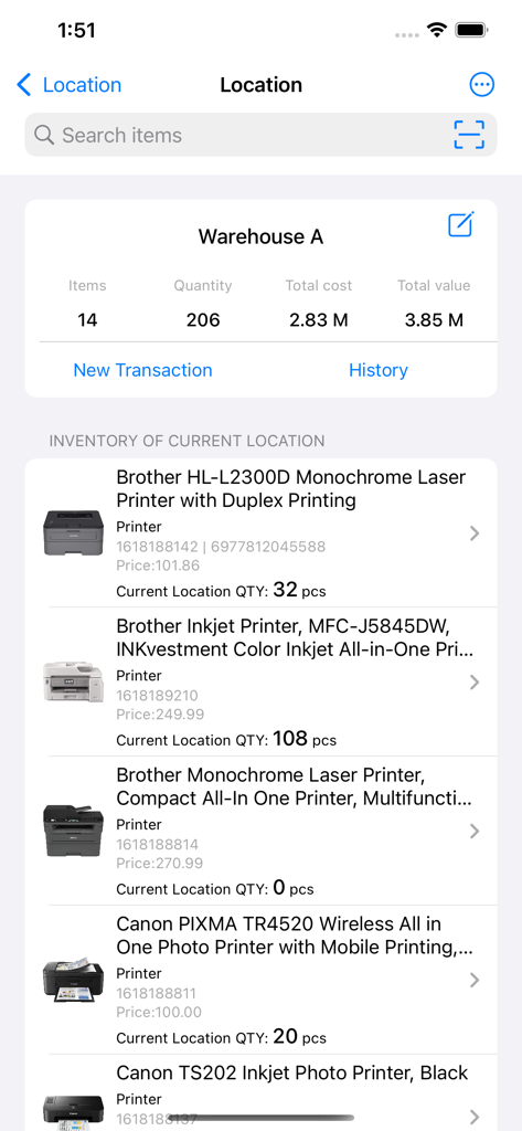 Softzoo Inventory Tracker - Softzoo-App-Screenshot, der eine Lagerbestandszusammenfassung und eine Artikelliste anzeigt