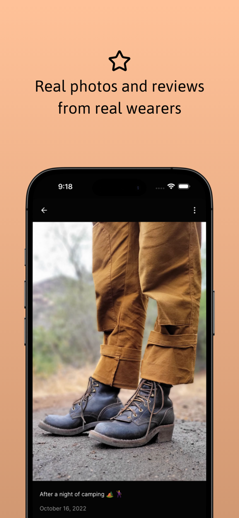 Patina Project app interface showing a real user photo of worn leather boots with a review caption