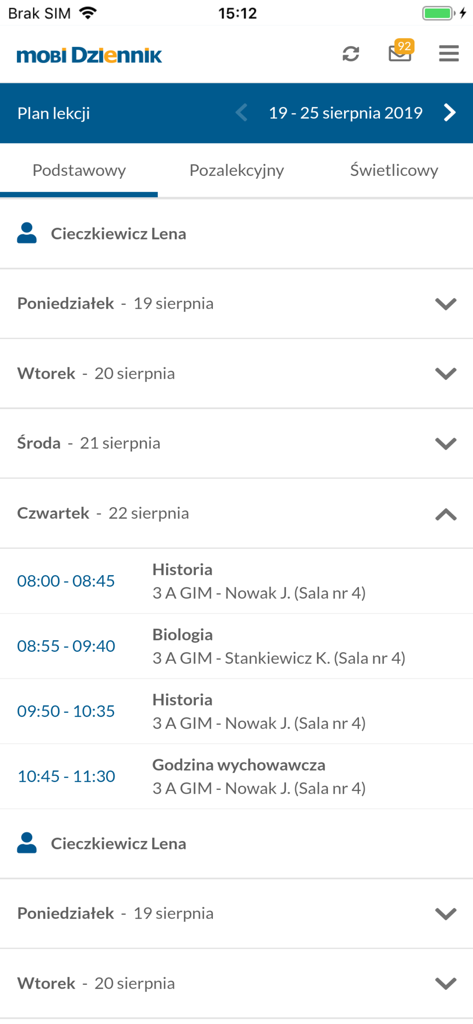mobiDziennik - mobiDziennik mobile app interface showing a students weekly school schedule
