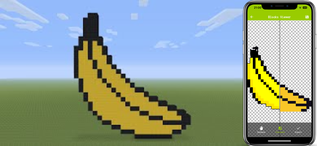 Confronto tra pixel art di banana nell'app mobile e nel mondo Minecraft