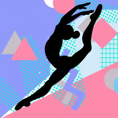 gymnast doing a leap in a leotard with a bent back leg
